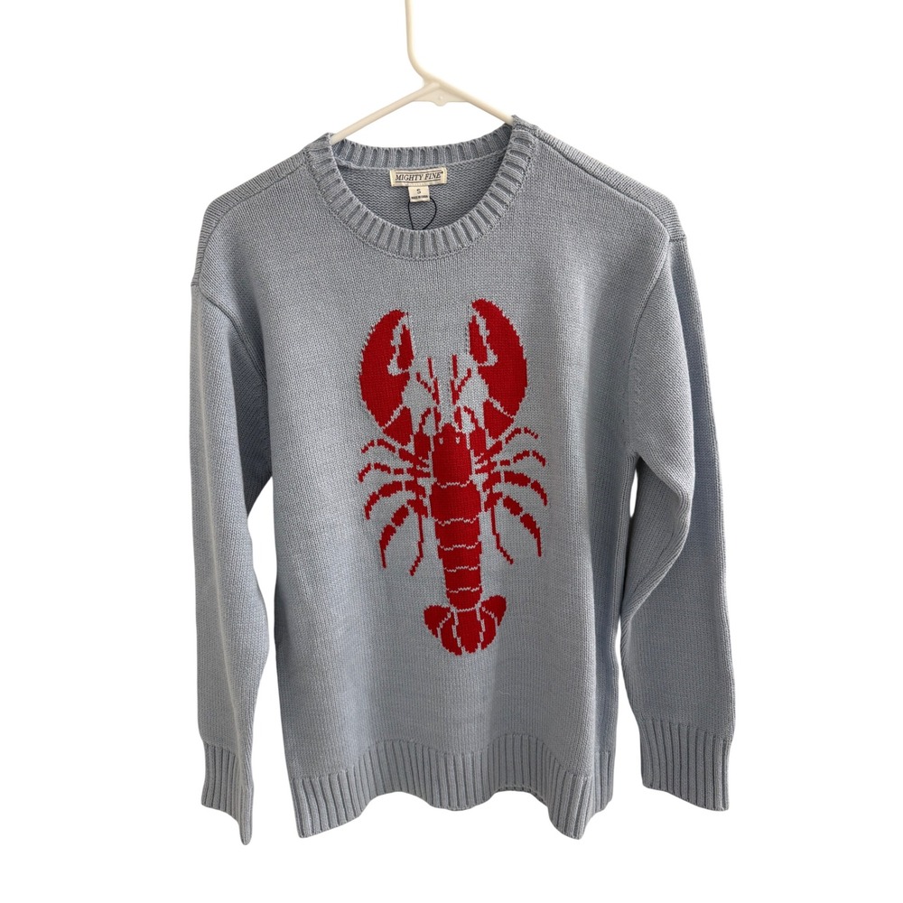 Mighty Fine Womens Lobster Graphic Crewneck Sweater Light Blue Red Small NWT